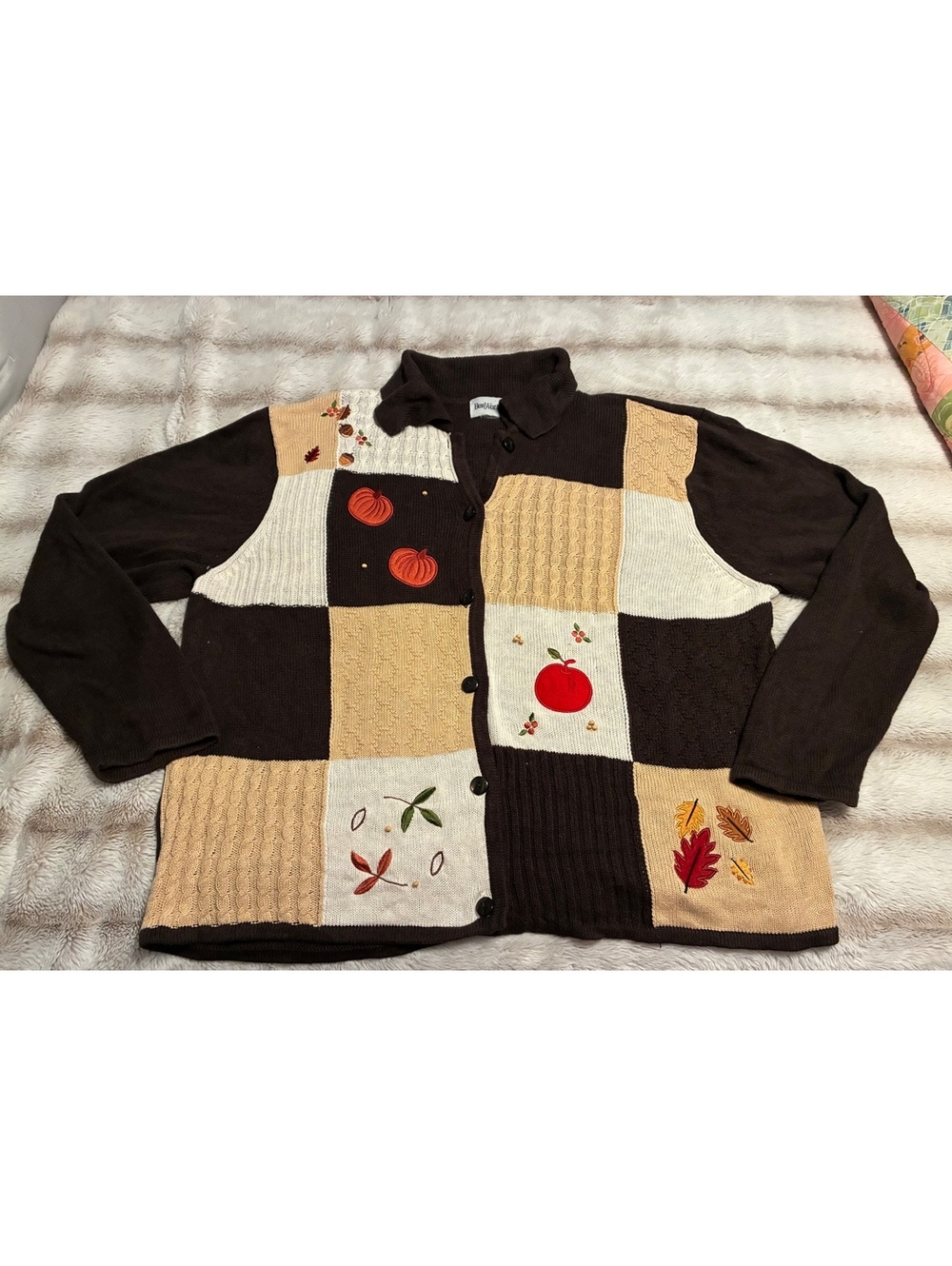 Vintage Bon Worth Fall Harvest Patchwork Knit Cardigan Sz Large